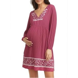 Old Navy Maternity Shirt Size L Maroon Embroidered V-Neck Long Sleeve Boho Flowy